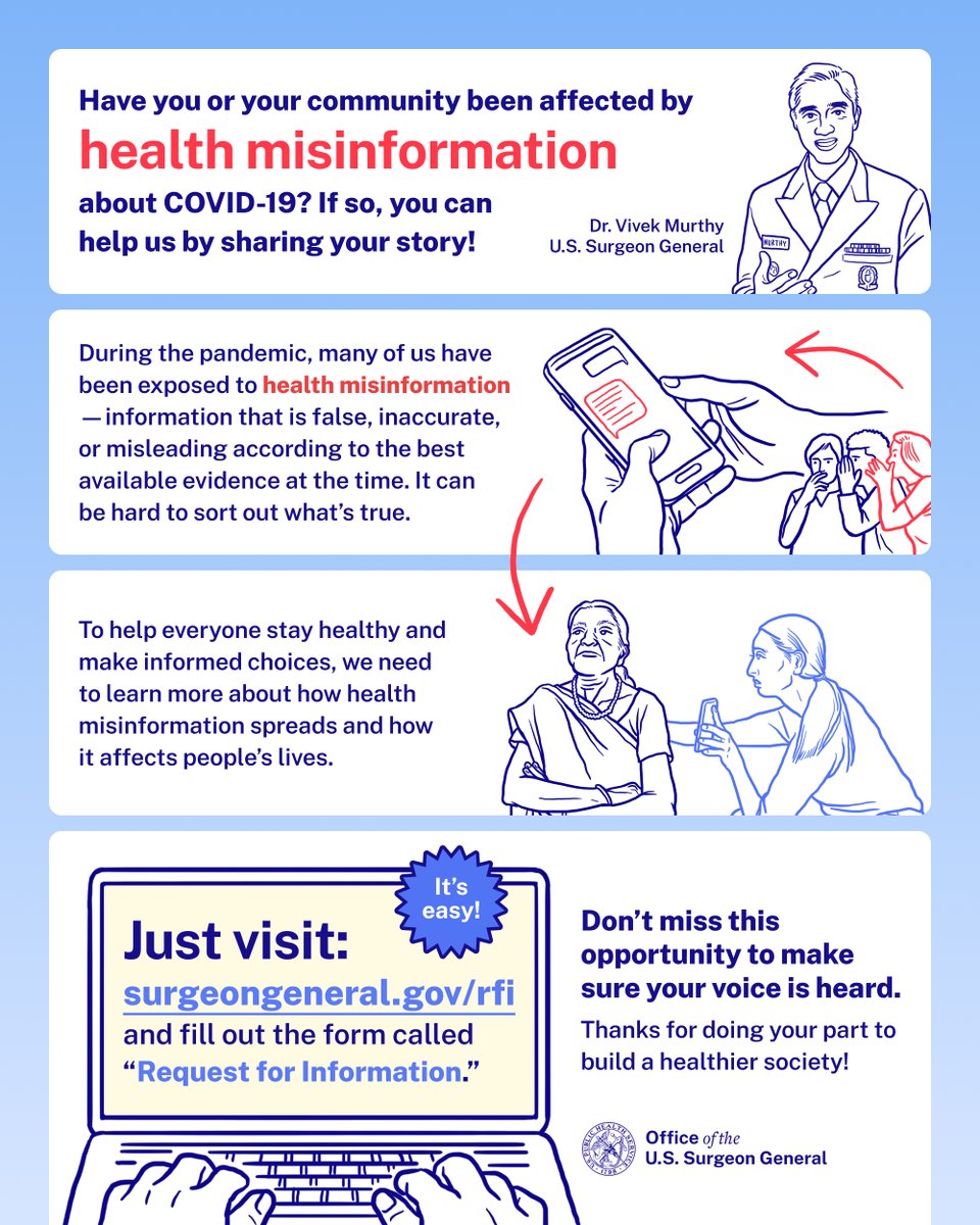 Your voice can help inform our nation's strategy for addressing #HealthMisinformation. Share how #COVID19 misinfo has impacted you by visiting surgeongeneral.gov/rfi