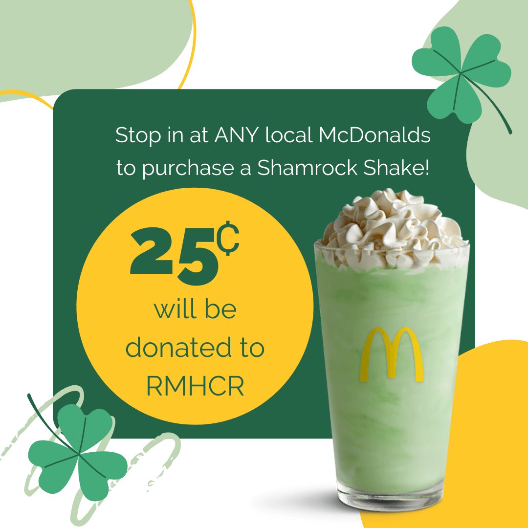 Don't forget until the 13th RMHCR gets 25¢ for every Shamrock Shake purchased!

#shamrockSZN #keepingfamiliesclose