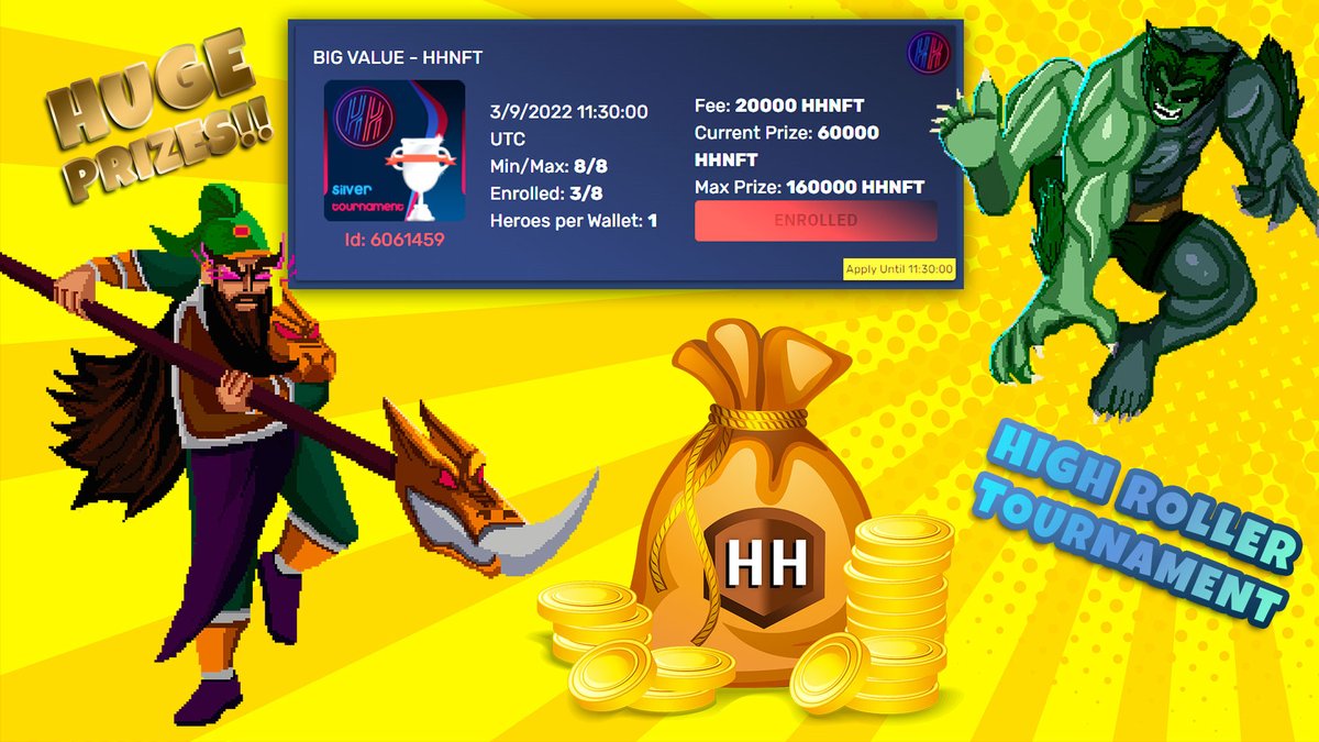 HodlerHeroesNFT's tweet photo. So you thought you had the most badass Heroes? It's time to put them to the test in our first High Roller Tournament. Enroll now! Who's gonna get the Big Prize?? Only 5 spots left!! #PlayToEarn 
https://t.co/6eZTIZYzpn https://t.co/TwDCFPTx4U