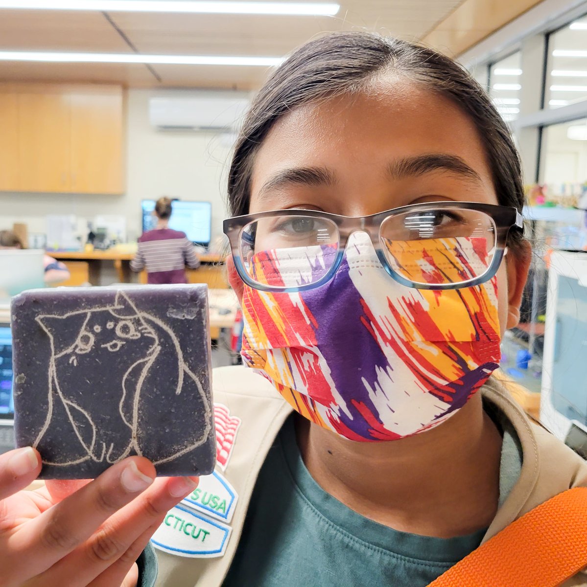 GWLibrary's tweet photo. For Girl Scout Troop 50301's field trip to the Innovation Lab last month, the girls laser engraved designs onto natural soap. In this case, Calliope drew a cat! 🐈 https://t.co/0ZS2p7x7ph