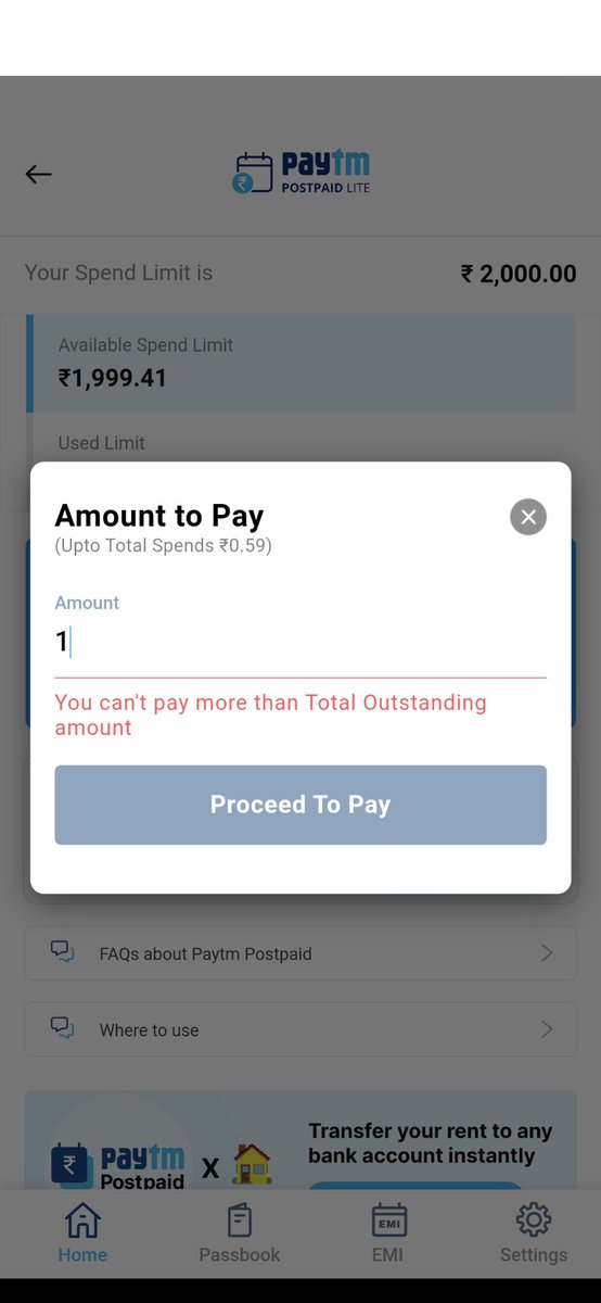 1807Kant's tweet photo. @Paytmcare @Paytm
Your customer care couldn't able to resolve my this issue
My postpaid bill for Feb month is 0.59 Rs when i am trying to pay your app is not allowing to pay less than 1 ₹ and when I am trying to pay 1 ₹ it's saying I can't pay more than the outstanding amount. https://t.co/gl867WXntz