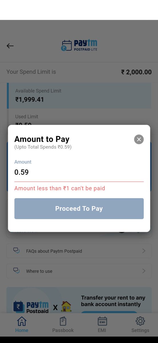 1807Kant's tweet photo. @Paytmcare @Paytm
Your customer care couldn't able to resolve my this issue
My postpaid bill for Feb month is 0.59 Rs when i am trying to pay your app is not allowing to pay less than 1 ₹ and when I am trying to pay 1 ₹ it's saying I can't pay more than the outstanding amount. https://t.co/gl867WXntz