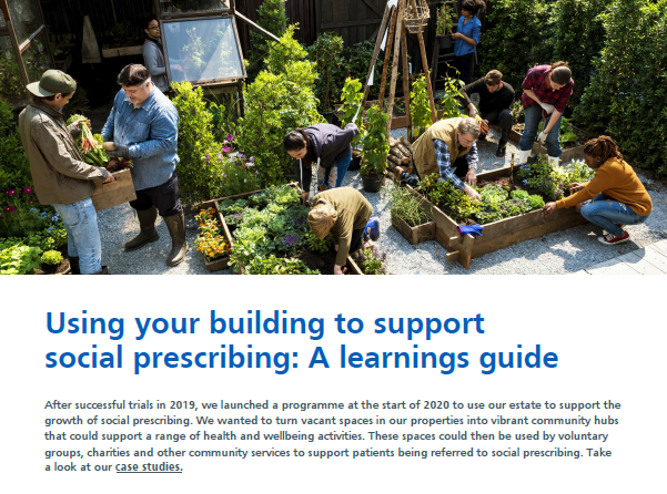 Are you considering using your building for social prescribing? If so, take a look at our guide to find out what we learned about funding, maintenance and booking!

Read the guide to help you get started: property.nhs.uk/media/3159/nhs…

#SocialPrescribingWeek <a href="/NASPTweets/">The National Academy for Social Prescribing</a>