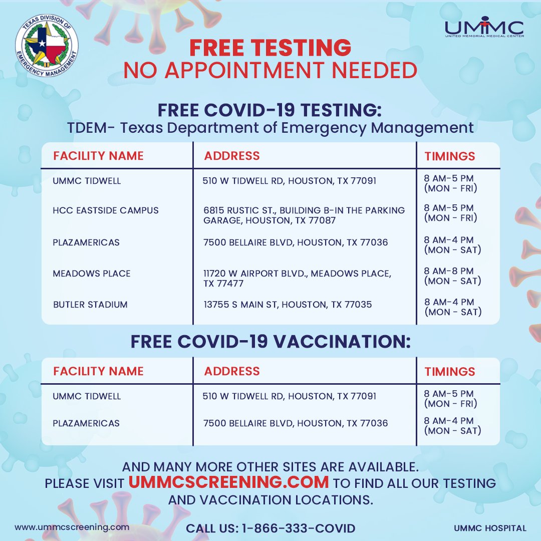 FREE COVID-19 testing and vaccinations at several surrounding Houston locations! No appointments needed. 
For all testing and vaccination sites, please visit: ummcscreening.com/testing-locati…
#ummc #unitedmemorialmedicalcenter #covid   #houstontexas #houston #houstontx #harriscounty