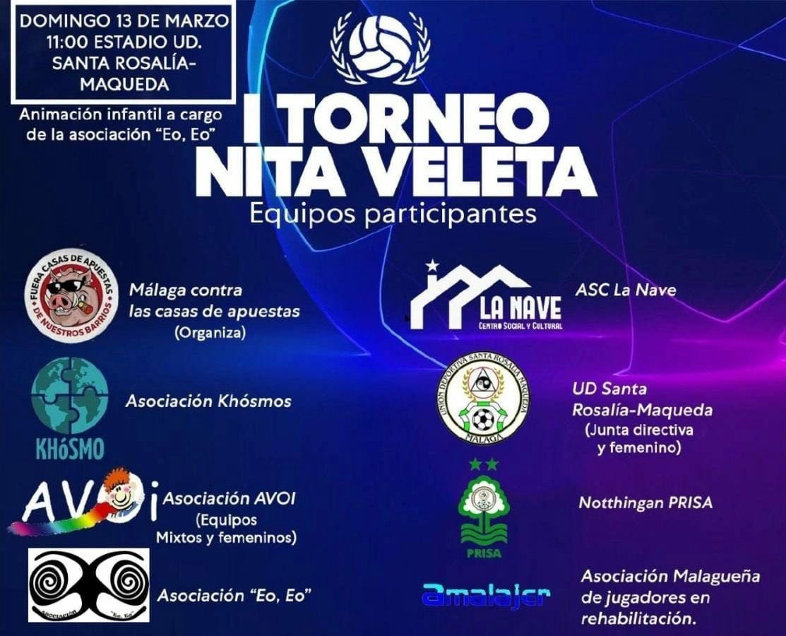 StopApuestasMLG's tweet photo. ⚽ 🔥 Presentamos el cartel oficial de todos los equipos participantes del próximo torneo de ocio digno de este domingo. 
🤹‍♀🤹‍♂ Contaremos también con JUEGOS INFANTILES, con la colaboración de asociación EO EO.
❤️TODO posible por la colaboración de UD Sta Rosalía Maqueda https://t.co/KqA85XPxbq