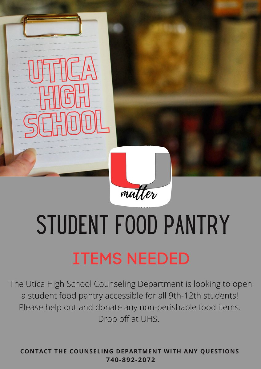 UticaHighSchool's tweet photo. The UHS Counseling Department will be opening a student-food pantry for UHS students in need. If you are able to donate any non-perishable food items to help get this going it would be greatly appreciated. Items can be dropped off in the Counseling Office. https://t.co/gL96YmvLpp