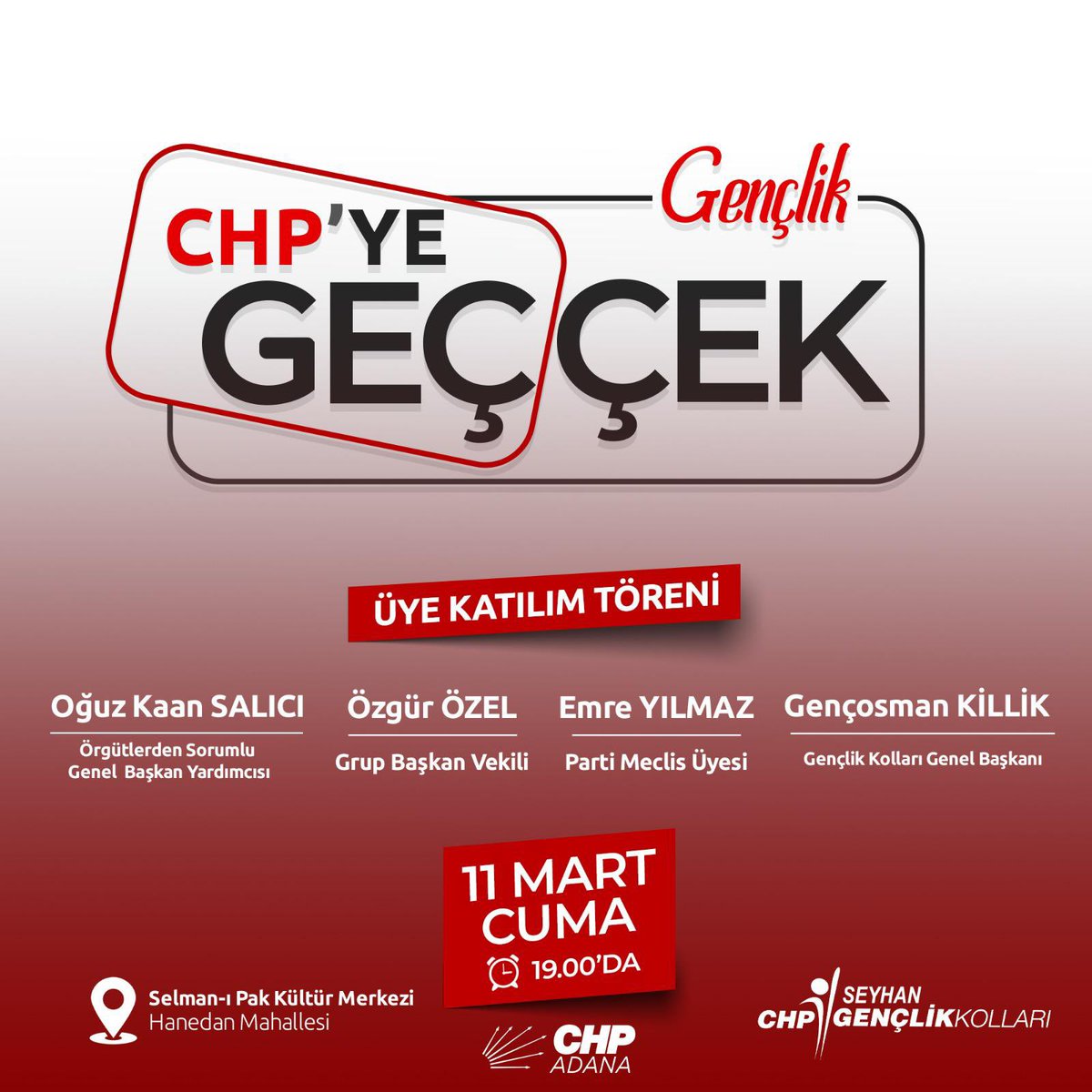 İkinci Yüzyılımızda Tüm Gençlere çağrımızdır, CHP’ye Geç Geleceğine Yön Ver!

CHP Seyhan Gençlik Kolu olarak düzenlediğimiz  genç üye katılım törenine tüm gençlerimiz davetlidir.

Törene katılım,üyelik başvurusu ve bilgi İçin iletişim: 
05457322161 - 05516545708