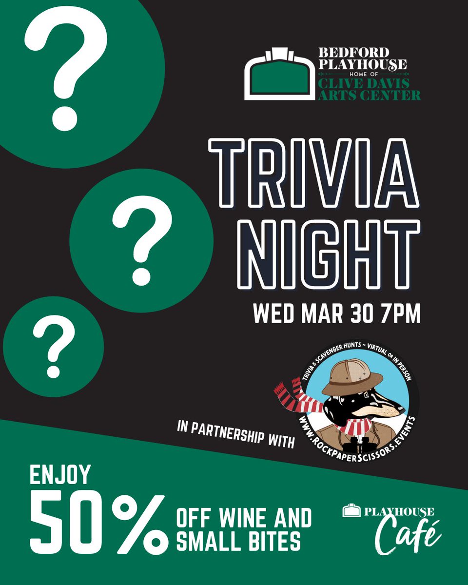 Back by popular demand! Trivia Night is coming to the Playhouse on March 30th - hosted by <a href="/RPSCustomEvents/">Rock Paper Scissors Custom Events</a>! Play solo or as a team and prove you’re the smartest in Bedford while enjoying 50% off wine and small bites from the Playhouse Café! bit.ly/3hX3bqs