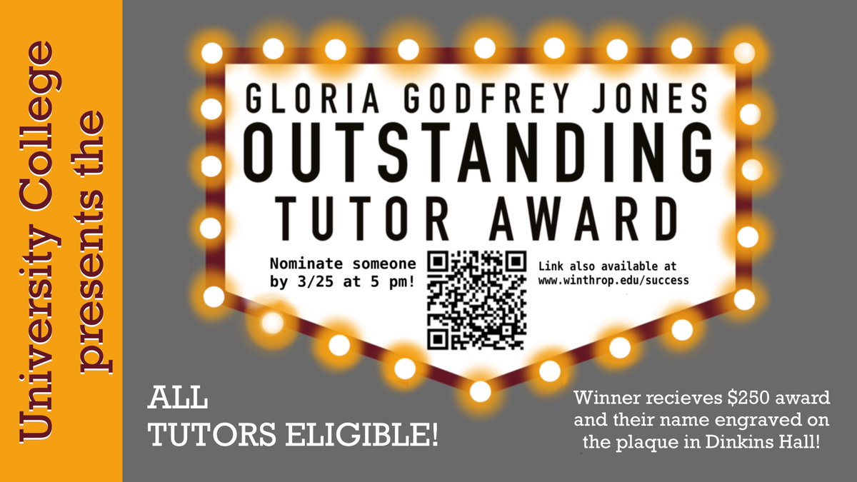 Nominate an extraordinary #winthrop tutor for the Gloria Godfrey Jones Outstanding Tutor Award! Nominations are due by 5 pm on March 25th. CHeck out winthrop.edu/success for the link!