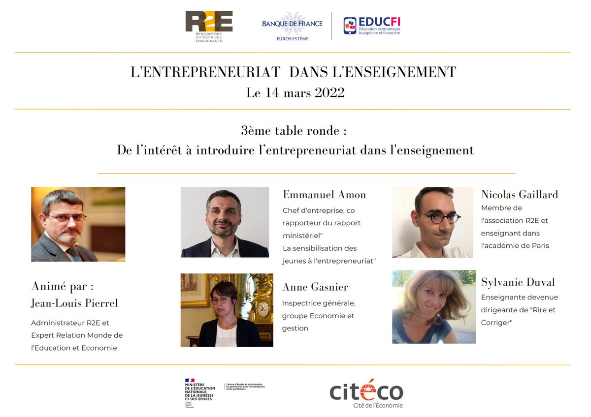 Rencontres2e's tweet photo. Ă lâoccasion de notre #R2Eformation sur « lâ#entrepreneuriat dans lâ#enseignement » du 14/03, @JLPierrel prĂ©sentera la 3Ăšme table ronde de la journĂ©e sur lâintĂ©rĂȘt Ă introduire lâ#entrepreneuriat dans l'#enseignement ?
Avec @e_amon_ @DUVALsylvanie, Anne Gasnier &Nicolas Gaillard https://t.co/sasB2i6asm