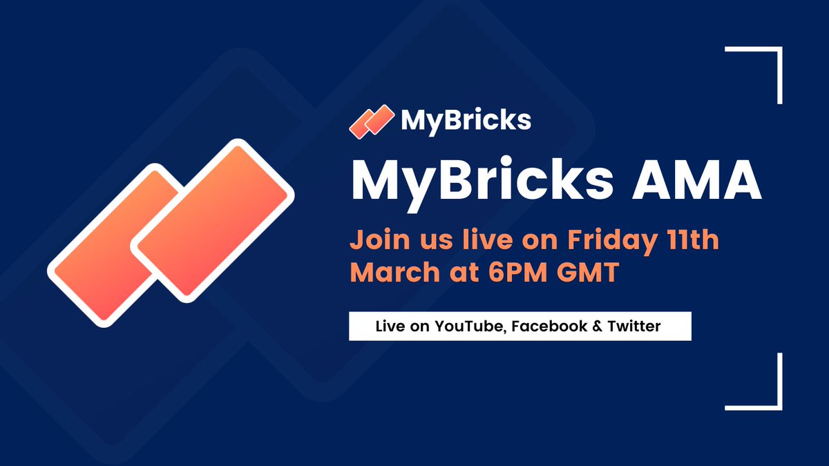 MyBricksFinance's tweet photo. It's about time we caught up on everything that's happening at BRICKS HQ 🧱

Join us on Friday 11th March at 6PM GMT for the latest MyBricks AMA and catch up on the latest on the MyBricks Wallet &amp; MyBricks Platform.

We'll be live here on Twitter, Facebook &amp; YouTube 🎥 https://t.co/wBspS3dn4z