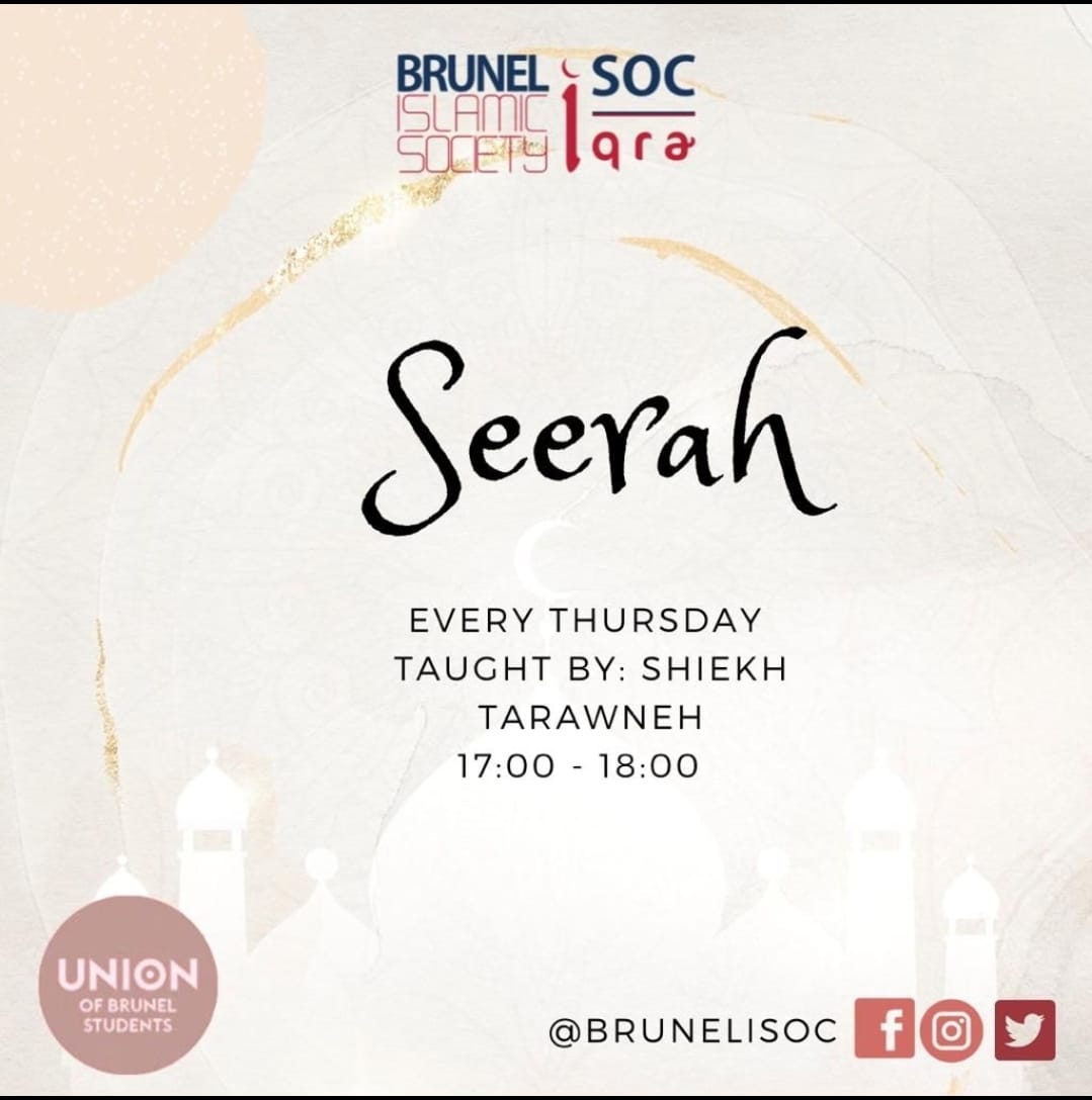 BruneliSOC's tweet photo. 🚨Seerah Class🚨
Assalamu Alaykum All,
In Sha Allah you are all in good health and Imaan.

📖 Seerah Class📖
Join us *Tomorrow*:
📅Thursdays's
⏰5PM-6:20PM (Break for Salah at 5:45 In Sha Allah)
📍 LECT *064*
DM for more Information 😁 https://t.co/g0h80GTPyw