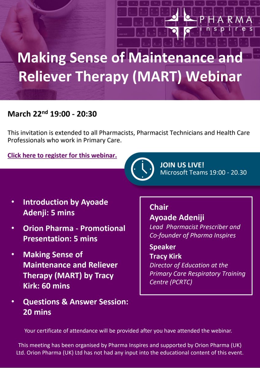 pharma_inspires's tweet photo. ✨It's here! Please join us for our next webinar! ✨

Join us live for our FREE Teams webinar on "Making Sense of MART", with guest speaker Tracy Kirk!

Register now at https://t.co/BzluYs7oZE 

#pharmainspires #pharmacy
#learnconnectshare #primarycare https://t.co/ChlIPc6cHP