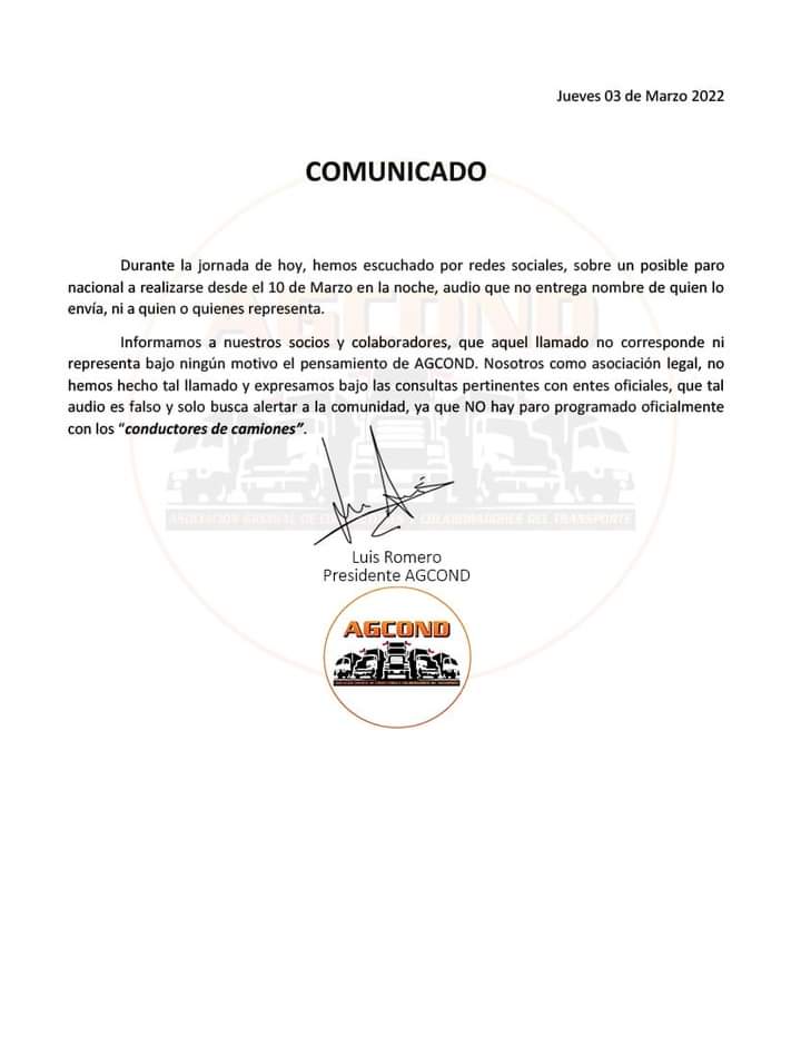 AGCOND_Chile's tweet photo. @AGCOND_Chile Al Igual que otros gremios del Transporte, desmentimos un llamado a Movilización,de Parte de los Conductores de Camiones, no por que no estemos de acuerdo, solo sentimos que es irresponsable llamar a desabastecer a la ciudadanía, por el daño que significa https://t.co/71AKRH2YzG