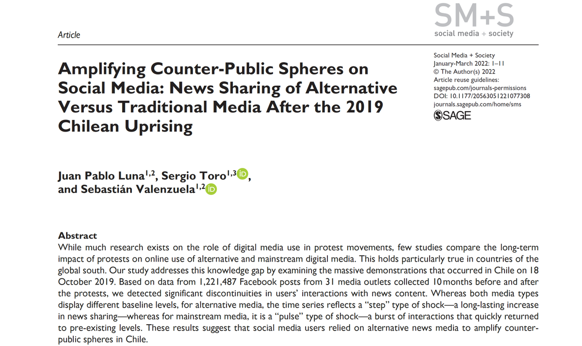 🚨New pub🚨

Our article with <a href="/anulolbapnauj/">Juan Pablo Luna</a> and <a href="/yuriflame/">Sergio Toro M.</a>, "Amplifying counter-public spheres on social media," is available for FREE at <a href="/SocialMedia_Soc/">Social Media+Society</a>:

journals.sagepub.com/doi/10.1177/20…

TL;DR: people can protest with their feet, money... and the news they share on social media [1/N]