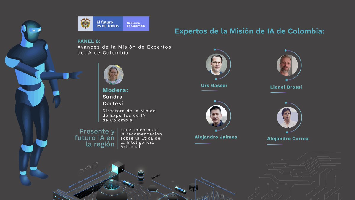 Ministerio TIC (@ministerio_tic) on Twitter photo En el evento #PresenteyFuturoIA damos comienzo al Panel 6: 'Avances de la Misión de Expertos de #IA de Colombia', con <a href="/SandraCortesi/">Sandra Cortesi</a>, Urs Gasser, Lionel Brossi (<a href="/udechile/">Universidad de Chile</a>), Alejandro Jaimes y Alejandro Correa (<a href="/RappiColombia/">Rappi Colombia</a>) ¡Conéctate! bit.ly/375r2SL En el evento #PresenteyFuturoIA damos comienzo al Panel 6: 'Avances de la Misión de Expertos de #IA de Colombia', con <a href="/SandraCortesi/">Sandra Cortesi</a>, Urs Gasser, Lionel Brossi (<a href="/udechile/">Universidad de Chile</a>), Alejandro Jaimes y Alejandro Correa (<a href="/RappiColombia/">Rappi Colombia</a>) ¡Conéctate! bit.ly/375r2SL