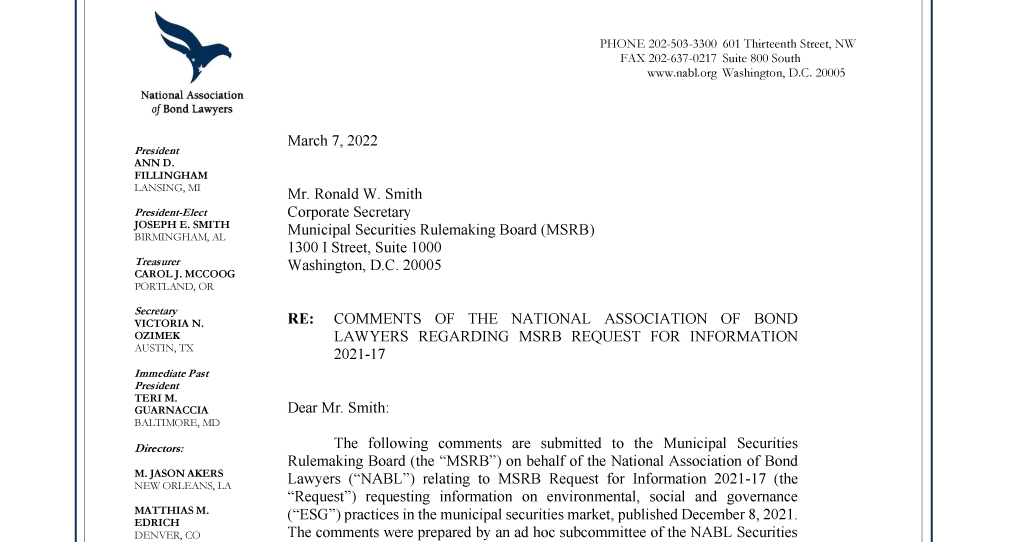 nabldc's tweet photo. "The need for and adequacy of [ESG-related] disclosures should continue to be evaluated under the well-established concept of materiality, rather than some special set of considerations relating to ESG" Read NABL's full response to MSRB request on ESG https://t.co/pjpLs1pZGM https://t.co/WlnmSFkLNe