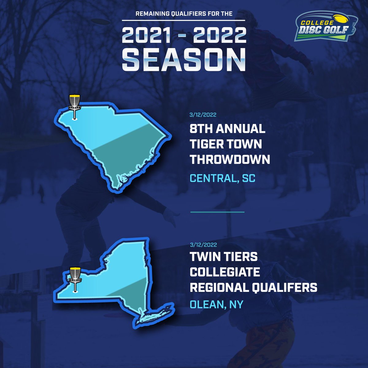 CollegeDiscGolf's tweet photo. 📣 Last week to qualify! 📣
We have qualifiers hitting all over the map - from Oregon to the Empire State. That means 🔟 teams that will get an invite at the last possible minute. It's like Wild Card weekend, but with ⛓️🥏⛓️! 

#cdgnc #collegediscgolf #mondaymotivation #discgolf https://t.co/Pk22lPvUTw