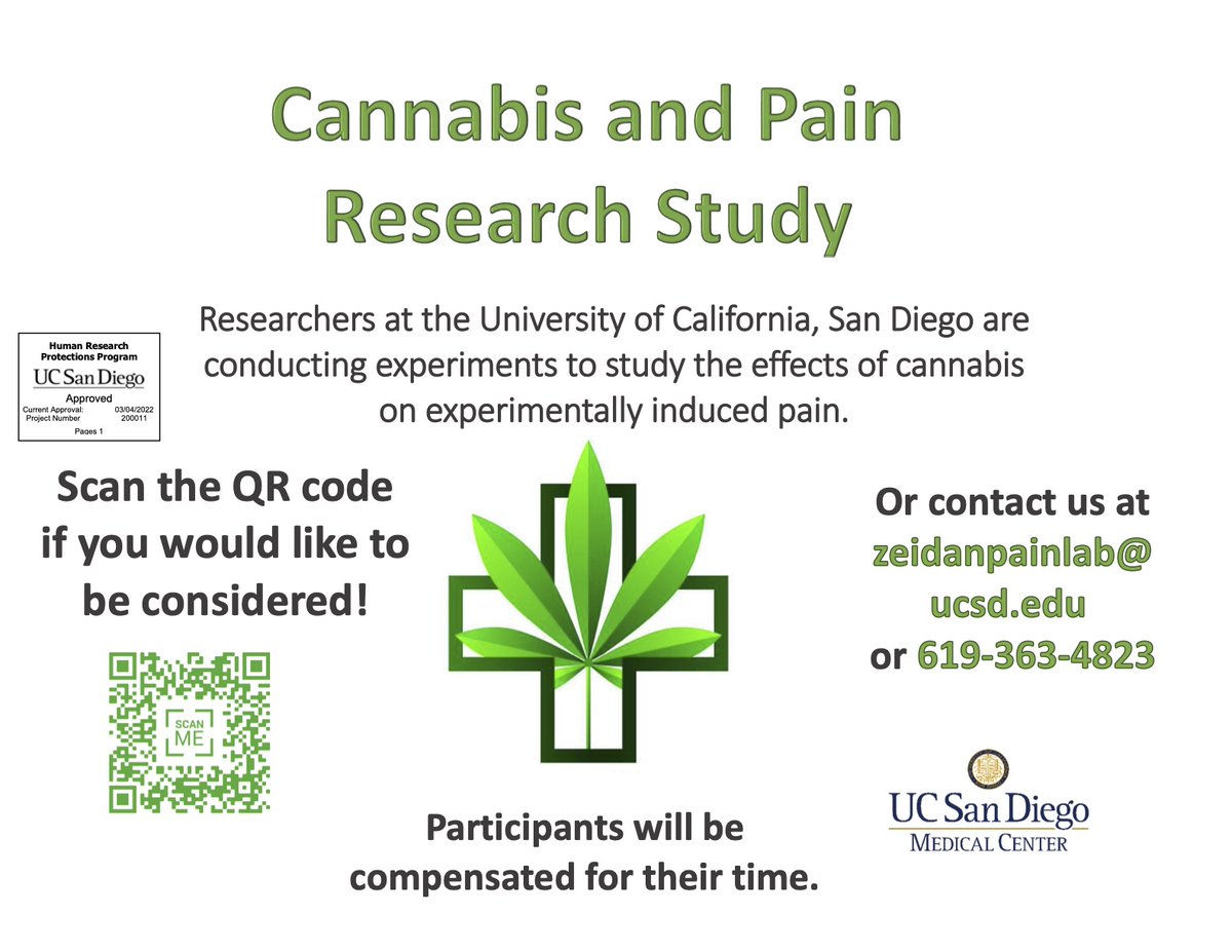 Hey #SoCal and #sandiego, we are now recruiting for our #cannabis and #pain study ! and....we are also seeking funding. Please share and scan the QR code to see if you qualify.