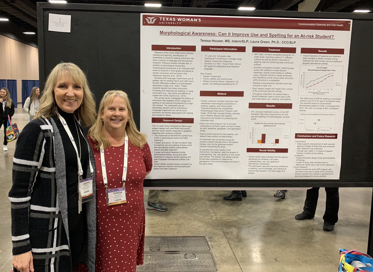 COMS students and their faculty mentors presented research posters at the TSHA annual conference. Undergraduate Aracely Lomeli Rodriguez presented with Dr. Gill Sams and MS SLP alumni Jason Oakes and Teresa Houser presented with Dr. Green. #PioneerProud of their accomplishments!