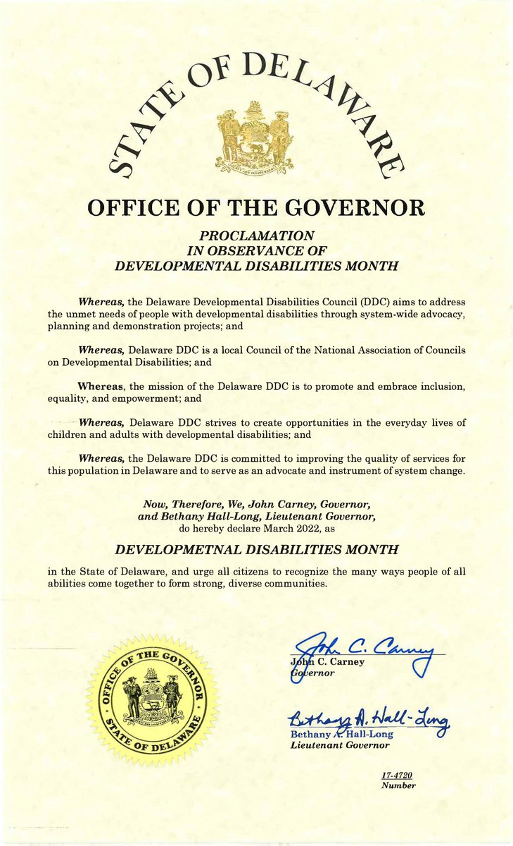 Thank you  to Gov. John Carney and Lieut. Gov. Bethany Hall Long, for a proclamation  that declares  March 2022  as   DD Awareness Month  #DDawareness2022 #DDAM #WorldsImagined