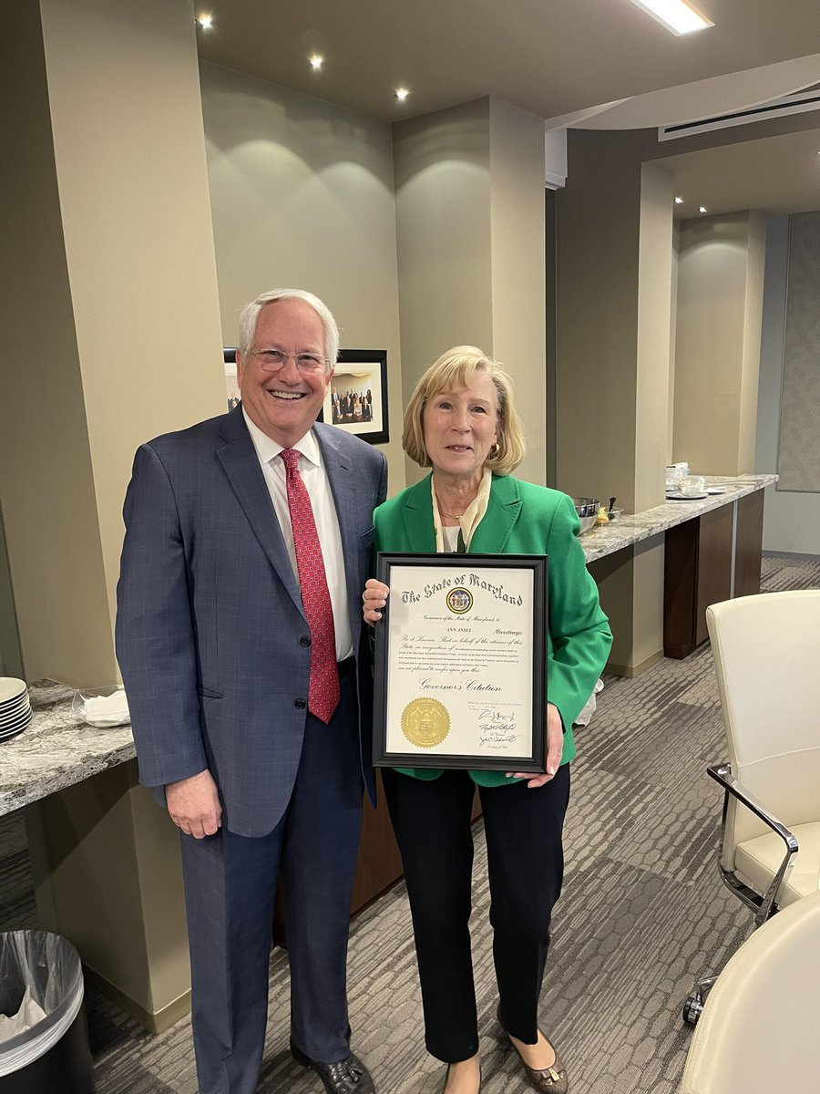AlRedmerJr's tweet photo. I had the privilege of presenting our Board Chair, Ann Ansel, with a citation from @GovLarryHogan today to honor and recognize her service to @MarylandAuto.

Ann is resigning from the
Board at the end of the month as she and her husband are relocating to South Carolina. https://t.co/siANNNvDfq