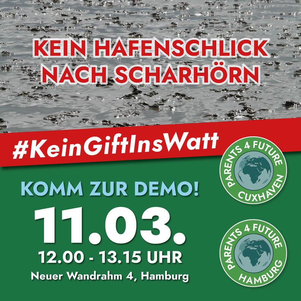 NEIN zu der geplanten Verklappung von Elbschlick vor der Vogelschutzinsel Scharhörn!  
Keine Bedrohung des Weltnaturerbes Wattenmeer!

Wann Freitag, 11.3.22 - 12.00h bis 13.15h 
Wo: Direkt vor der HPA: Neuer Wandrahm 4, 20457 Hamburg