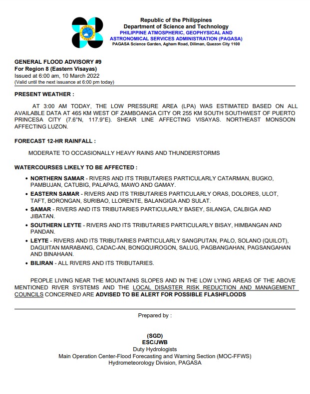 dost_pagasa's tweet photo. General Flood Advisories (GFAs)
Issued @ 6AM, 10 March 2022
Region 4B (MIMAROPA) -#GFA4
Region 8 (Eastern Visayas) - #GFA9
Region 9 (Zamboanga Peninsula) - #GFA7
Region 10 (Northern Mindanao) - #GFA8 https://t.co/6xIfCsyghC