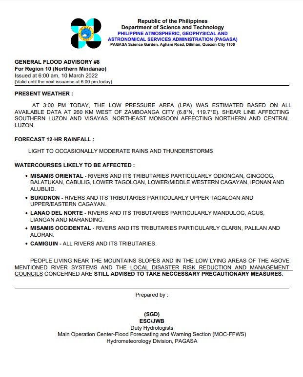 dost_pagasa's tweet photo. General Flood Advisories (GFAs)
Issued @ 6AM, 10 March 2022
Region 4B (MIMAROPA) -#GFA4
Region 8 (Eastern Visayas) - #GFA9
Region 9 (Zamboanga Peninsula) - #GFA7
Region 10 (Northern Mindanao) - #GFA8 https://t.co/6xIfCsyghC