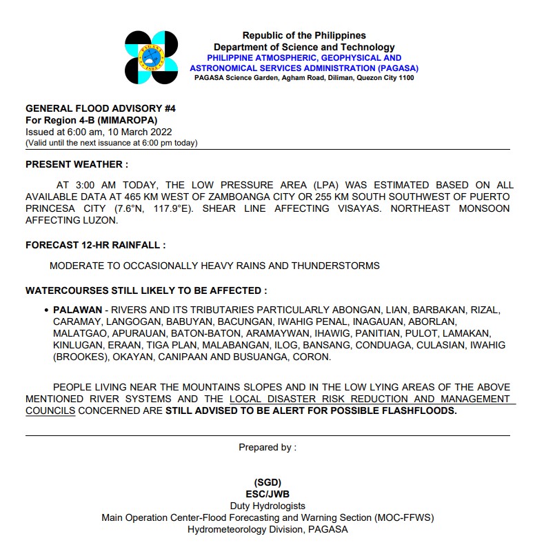 dost_pagasa's tweet photo. General Flood Advisories (GFAs)
Issued @ 6AM, 10 March 2022
Region 4B (MIMAROPA) -#GFA4
Region 8 (Eastern Visayas) - #GFA9
Region 9 (Zamboanga Peninsula) - #GFA7
Region 10 (Northern Mindanao) - #GFA8 https://t.co/6xIfCsyghC
