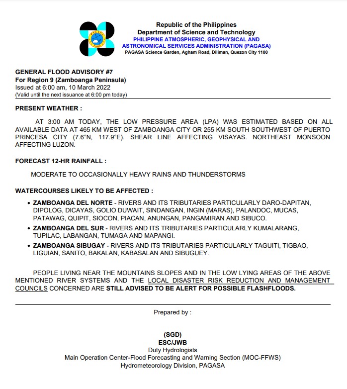 dost_pagasa's tweet photo. General Flood Advisories (GFAs)
Issued @ 6AM, 10 March 2022
Region 4B (MIMAROPA) -#GFA4
Region 8 (Eastern Visayas) - #GFA9
Region 9 (Zamboanga Peninsula) - #GFA7
Region 10 (Northern Mindanao) - #GFA8 https://t.co/6xIfCsyghC