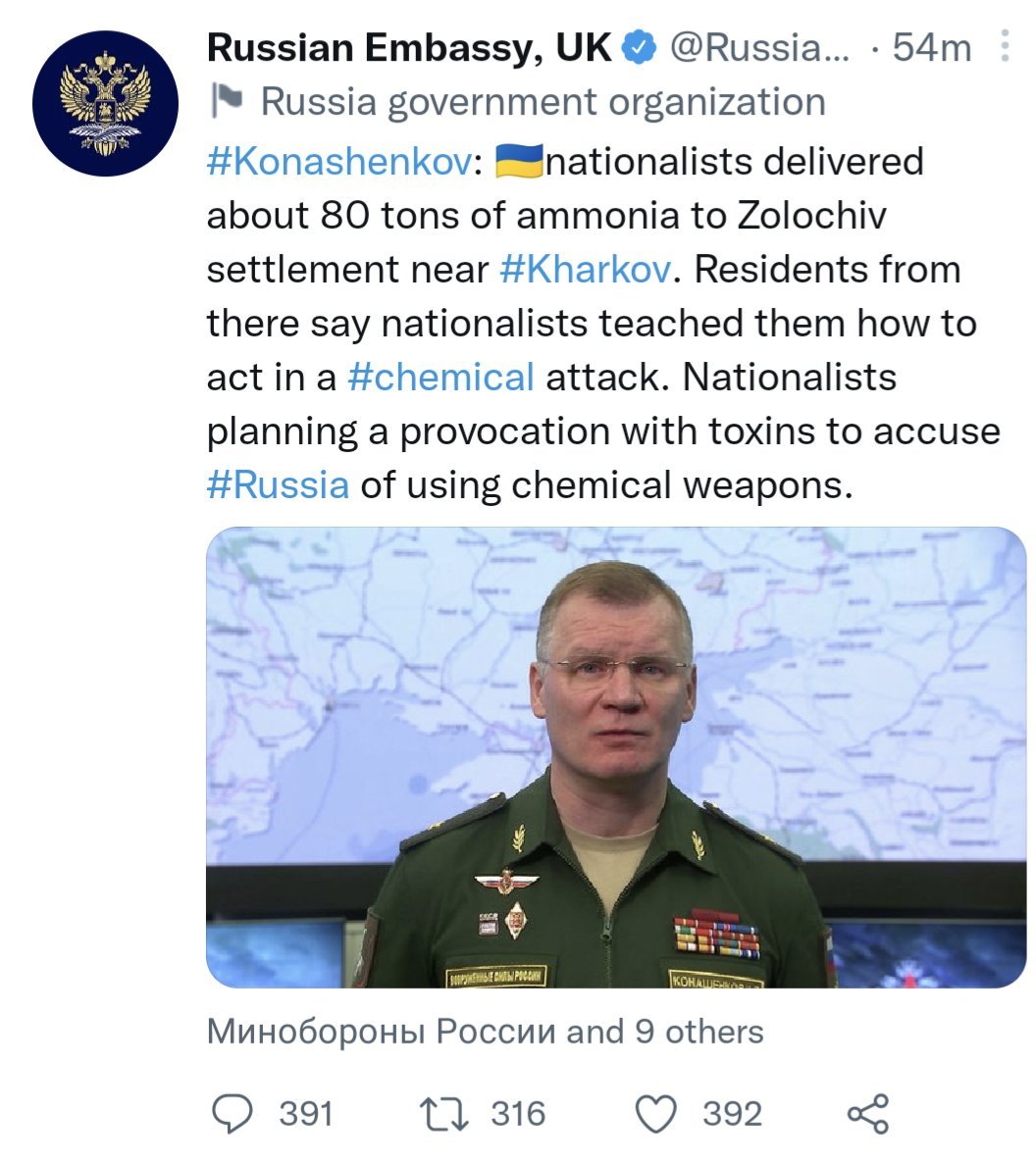dpatrikarakos's tweet photo. Again: Russia is rolling out the Syria playbook in Ukraine. Now it's laying the groundwork for a chemicals weapons attack it will then call a Ukrainian 'false flag.' 

What we might call the "White Helmets" narrative. https://t.co/Jira0Zifkj