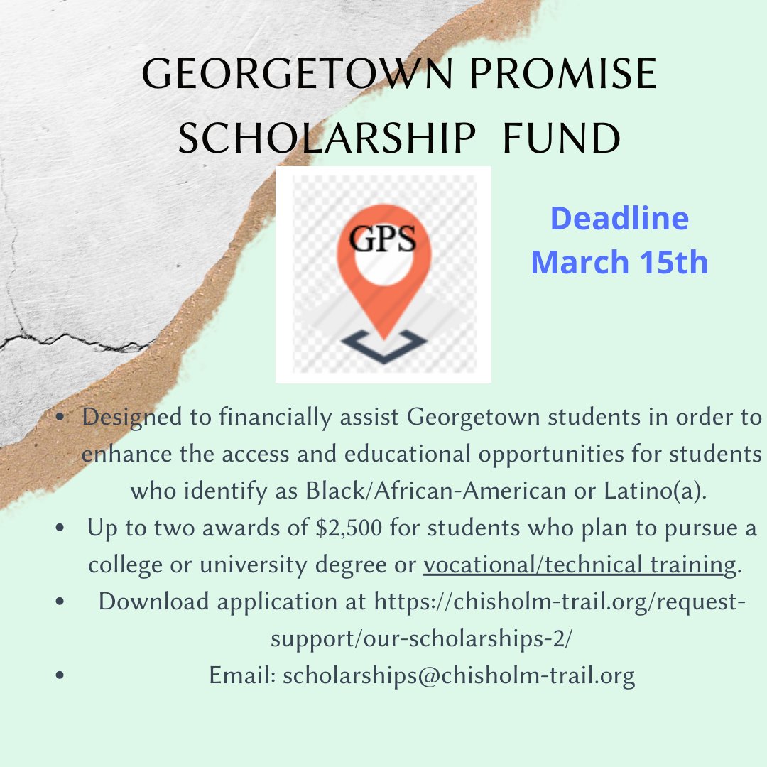 GeorgetownACF's tweet photo. We offer scholarships for vocational/technical training or college. Apply by Tuesday March 15th.@mayogisdauto @gisd_culinary @EvPatriots @Mr_B_Johnson @EVHS_Counselors @EFNDcounselors @ccmrgisd @GeorgetownISD @CTEShrek @DavinVogler @EastViewHS @georgetownffa @gisdcosmo https://t.co/MZ79eNLqqJ