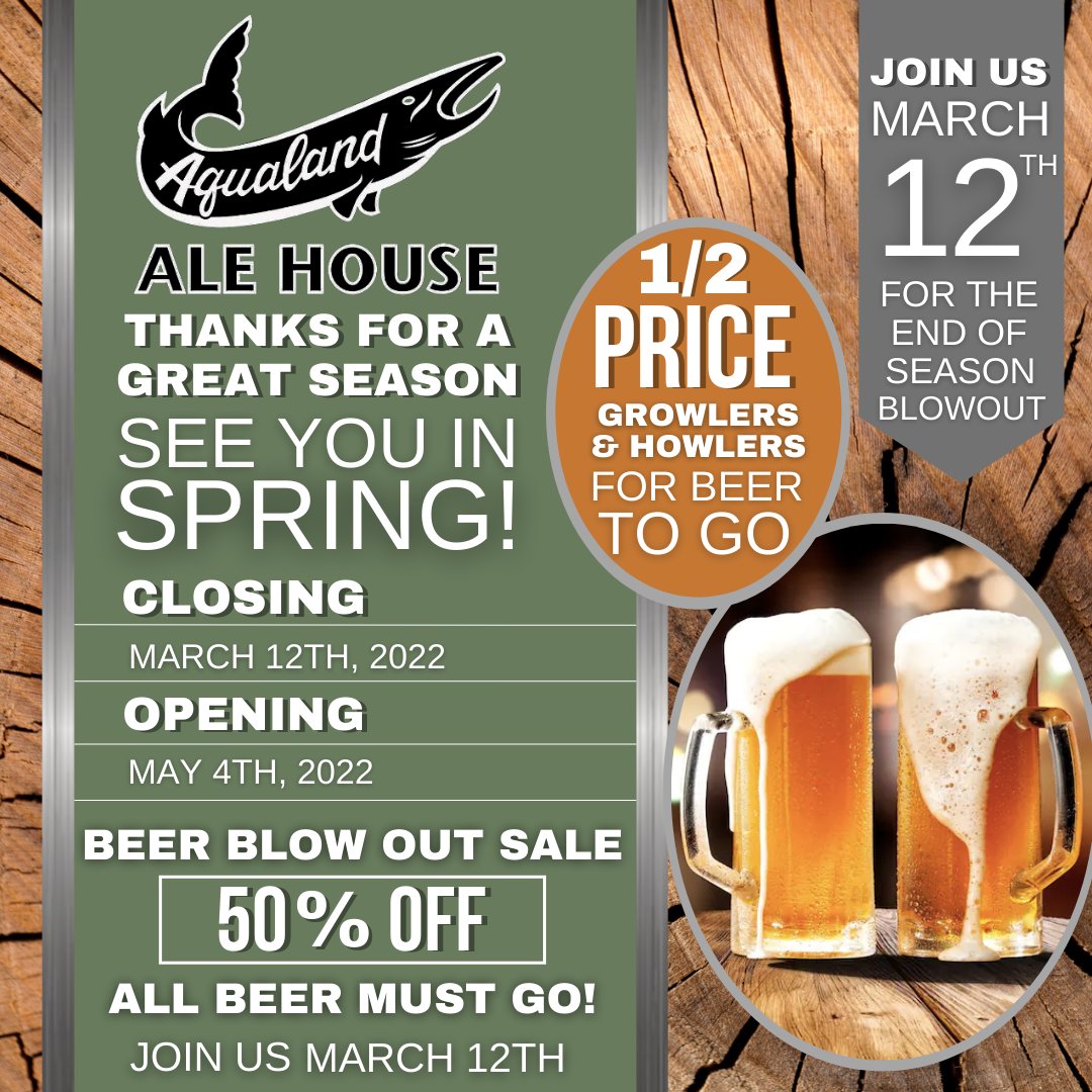 aqualandale's tweet photo. JOIN US MARCH 12th FOR OUR END OF SEASON BASH!

To celebrate all beer, growlers, and howlers will be 50% off! This sale will only be on March 12th, so come on in and enjoy a cold one because ALL BEER MUST GO!

#alehouse #beer #sale #blowoutsale #boulderjunction #endofseasonsale https://t.co/rFQ9W5r7Fe