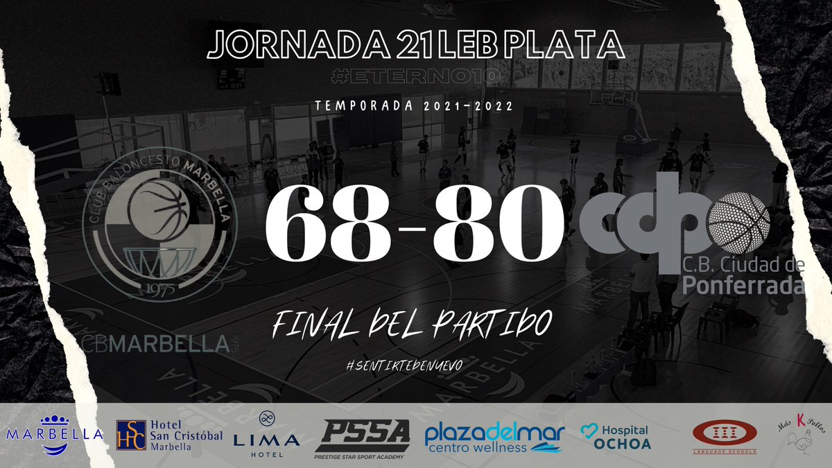 CBMarbella1's tweet photo. 🔊 #Directo 🔥 I 

🔖 Final 4Q 🔚 #LEBPlata

➡️ @CBMarbella1 6️⃣8️⃣🔵
➡️ @BaloncestoCDP 8️⃣0️⃣🟢

🎙 Se acaba el partido en Marbella. El acierto exterior del rival nos condena a una derrota. ¡A pensar en el siguiente!

✨ #Eterno10

🔵⚪️ #CBMPON #CBMLive https://t.co/Q6pd8pIO36