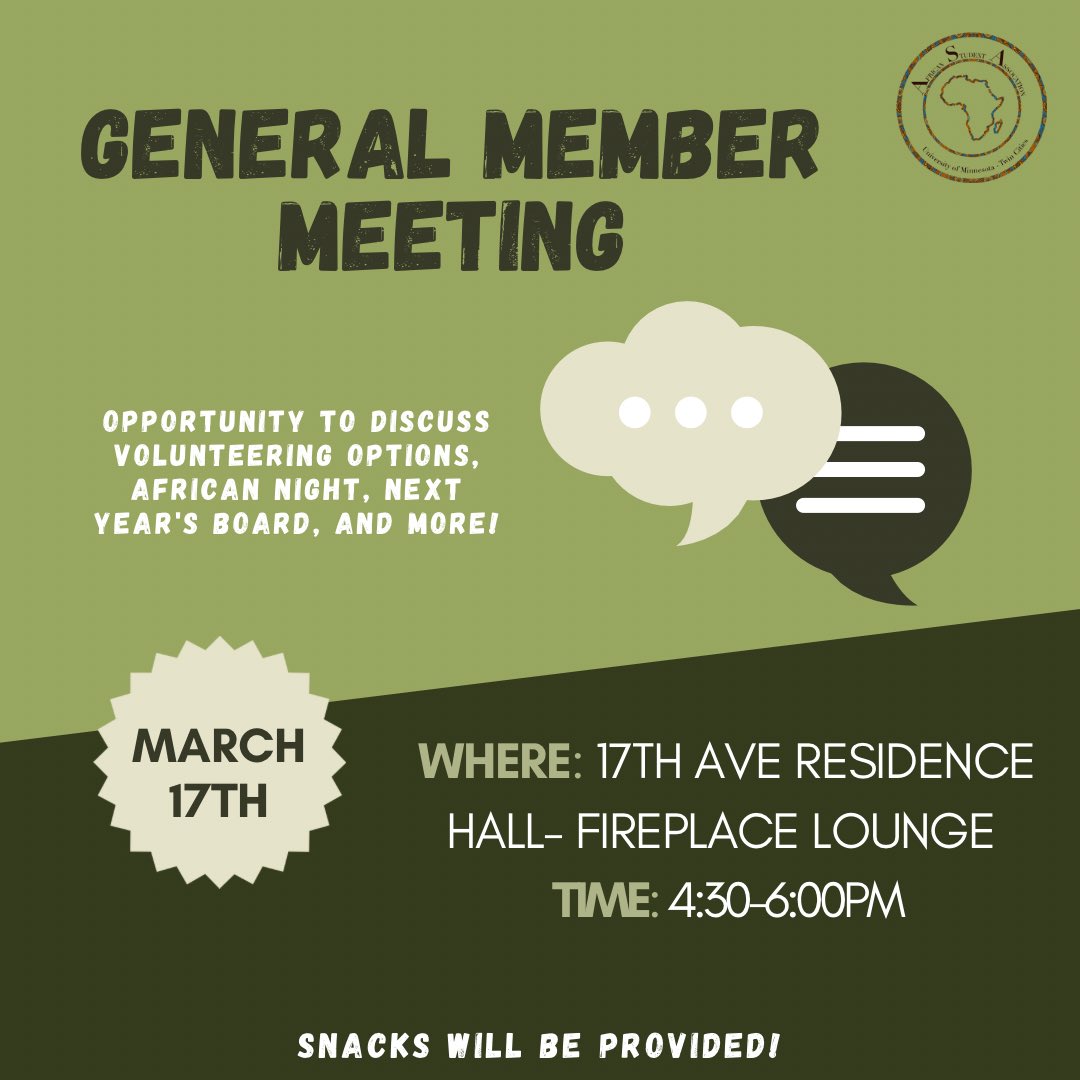 Hey Everyone! We will be having our second GMM on Thursday, March 17th from 4:30-6PM at 17th Ave Residence Hall- Fireplace Lounge. We will have the opportunity to discuss upcoming volunteer options, African Night, board applications, and more! Hope to see to you all there! 🤍