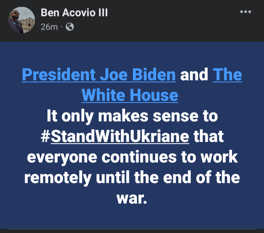 MuySpanglish's tweet photo. @POTUS and @WhiteHouse
It only makes sense to #StandWithUkriane that everyone continues to work remotely until the end of the war. https://t.co/tIUTiBGsJr