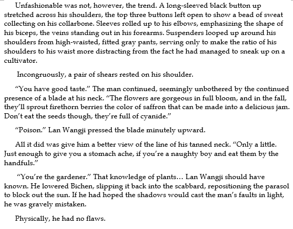 lwj meets a mysterious gardener in my monsterfucking au for #mdzsww and #bottomjitropesfest 

(oh no the gardener is hot)