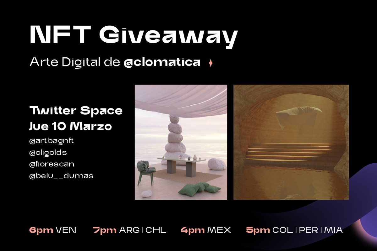 #NFTGiveaway 😱🤯
Para participar dale RT a este post, y estarás participando por una de las dos obras #NFTs de <a href="/clomatica/">Clomatica</a>.

Se anunciarán dos ganadores mañana en nuestro #TwitterSpaces junto a <a href="/oligolds/">Olivia Goldschmidt</a>, <a href="/fiorescan/">fioscan 🤌🇦🇷</a> y <a href="/belu__dumas/">🚶🏽‍♀️</a>.