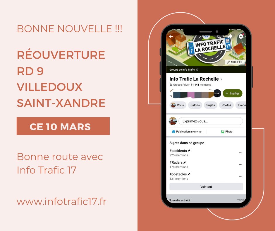 infotrafic17's tweet photo. 🟢 Ça y est, la route départementale 9 qui relie #Villedoux à #SaintXandre sera ouverte à la circulation demain 10 mars en matinée !!!!
@departement17 👋
@WazeChteMaritim 👋
#InfoRoute17 https://t.co/ooN3uLCUhu