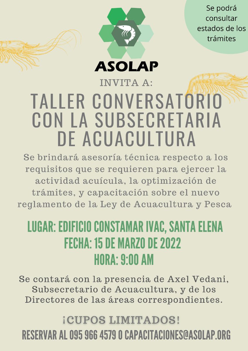 TexcumarEC's tweet photo. #Asolap invita al Taller Conversatorio sobre la actividad acuícola con asesoría técnica. Cupos Limitados. https://t.co/zskdQGM7kd