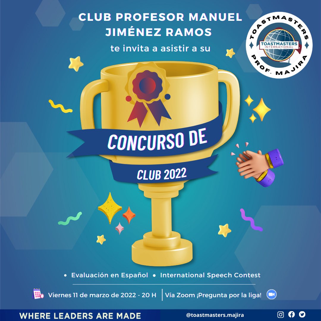 🏆 ¡Al fin llegó la primer temporada de Concursos #Toastmasters 2022!🎤💬✨

Acompáñanos y disfruta de esta gran demostración de concurso en dos categorías: 
• Evaluación en español. 
• International Speech Contest. 

📅 Viernes 11 de marzo a las 20 H. 
¡Te esperamos!