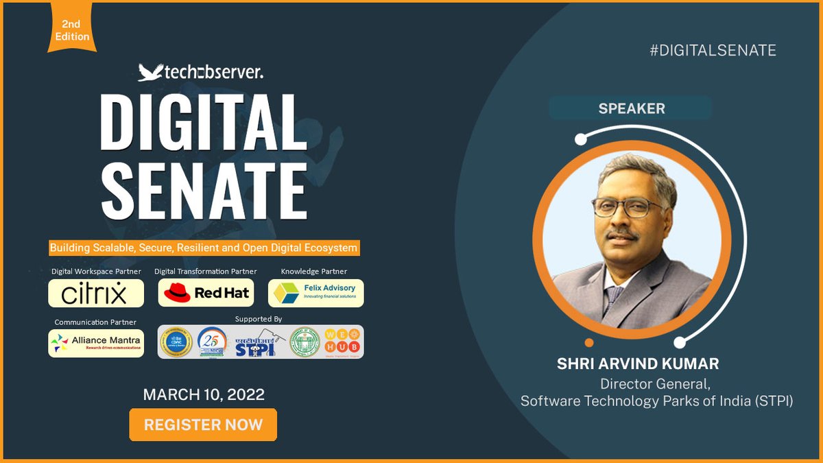 TechObservor's tweet photo. Join Shri Arvind Kumar, Director General, Software Technology Parks of India as he shares his views on #STPI Nurturing Startup Ecosystem during Digital Senate 2022 on March 10.
Register Now: https://t.co/BxzG9WPNm7
#Startup #Digitalsenate #digitalindia https://t.co/Grrgcd3wcy