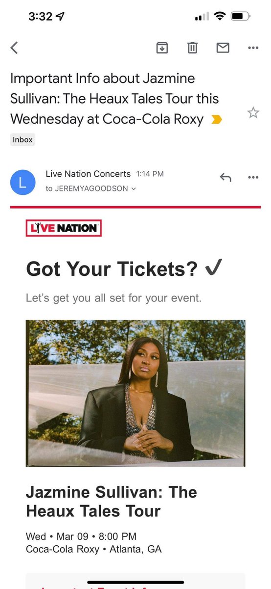 That_Boy_Good_'s tweet photo. Selling two Jazmine Sullivan tickets for the Atlanta show tonight. https://t.co/ntPrIbZbMT