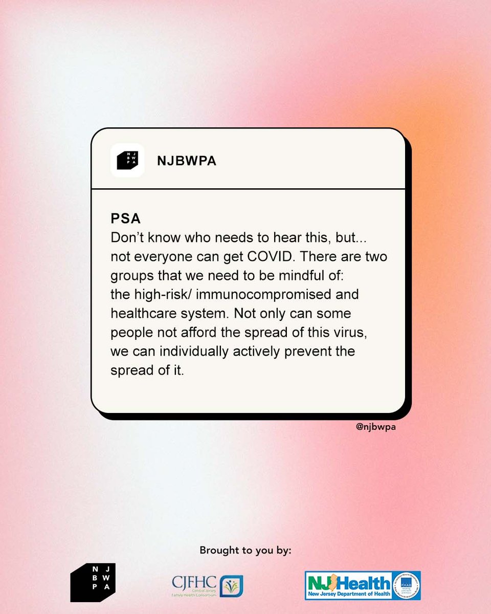 njbwpa's tweet photo. 🤔 “Herd immunity” &amp; “it’s not that bad” are not only ex. of privileged thinking but also dangerous.

🌎We can't just decide the pandemic is over, but we can decide to do something!

✨ Vax, Test, Mask, Distance &amp; be Mindful

#ConnectServeSupport #StopTheSpread #ELCGrant ⁠ https://t.co/JnvF6vtCSS