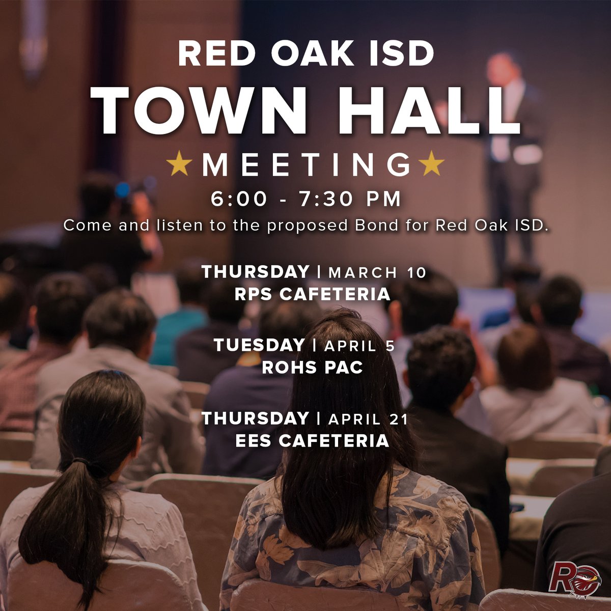 redoakisd's tweet photo. We hope to see you at one of the #ROISD Bond Town Hall Meetings. These presentations/ Q&A sessions are open to the whole community. Come learn more about the exciting growth & possible future developments for the district. We can't wait to see you! #RObond22 https://t.co/5zoalqg5xt