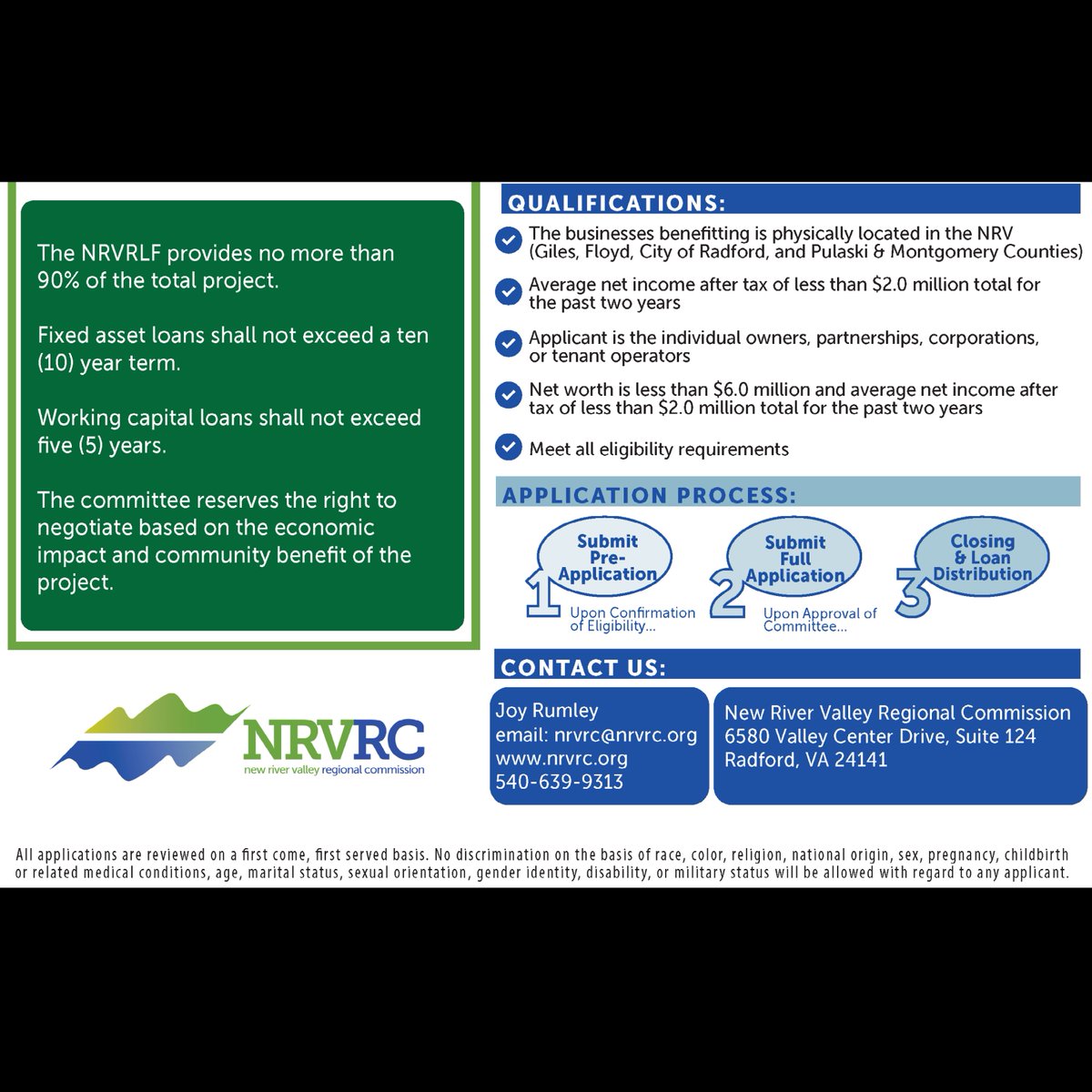 NRVRCtweets's tweet photo. Are you or a business you are working with in need of flexible financing? The NRVRC manages a small revolving loan fund that can support your project up to $25,000. For more information, email us at nrvrc@nrvrc.org https://t.co/rcita7rW8V
