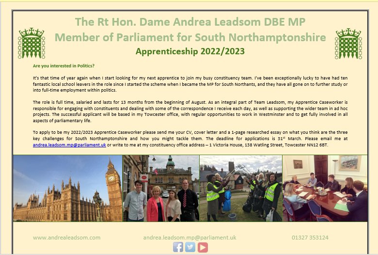 Campion6th's tweet photo. Apprenticeship with Rt Hon. Dame Andrea Leadsom DBE MP for South Northamptonshire

This is a fantastic opportunity for anyone interested in Politics and wants a salaried work experience. https://t.co/iyYnkXijnR