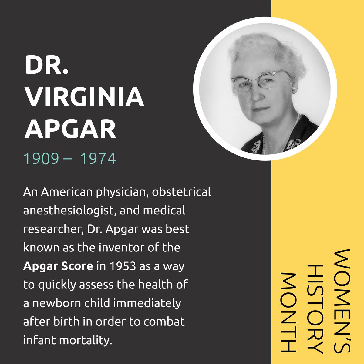 For #WomensHistoryMonth, we're honoring women throughout history that have paved the way for us - like Dr. Virginia Apgar who created the Apgar Score Chart in 1953. #MedEd #pediatrics #neonatology #neonatal #nicunurse #MedTwitter #neonatal #nicu #healthybabies #WomenInMedicine