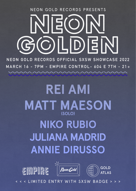 atxconcert's tweet photo. One of our favorites every SXSW, @neongoldrecords is back with a perfect official showcase.

March 16 (7pm) at @EmpireATX 

@reiamimami 
@MattMaeson 
@holanikorubio 
@julianamadrid_ 
@AnnieDirusso 

More: https://t.co/jWob1QGAPS #SXSW https://t.co/pjLDiqD0vw